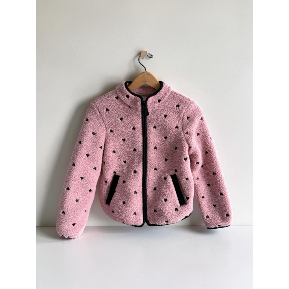 Cat & Jack Girls Pink Heart Print Sherpa Fleece Zip Up Jacket Size L 10/12